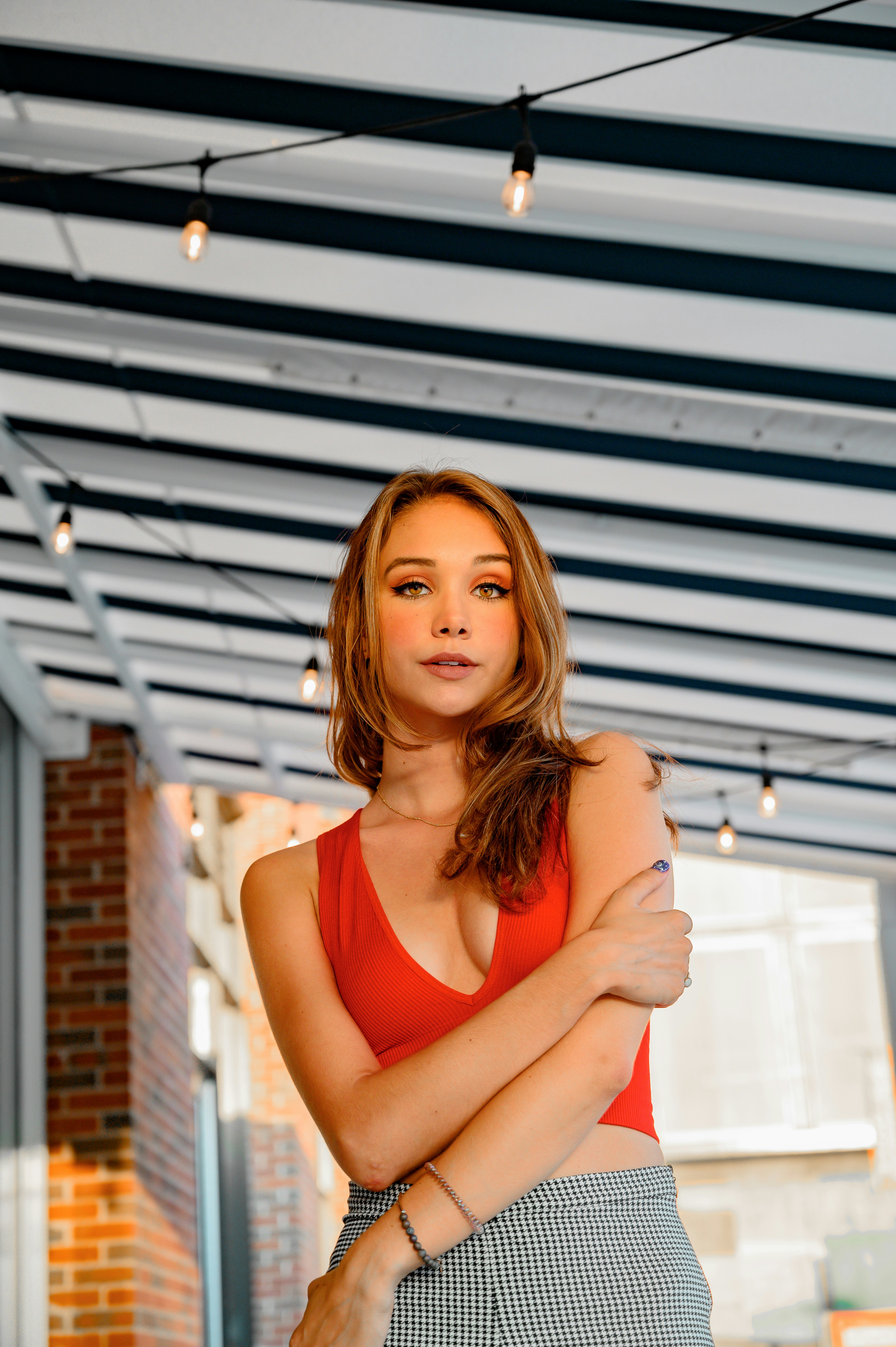 woman in red tank top